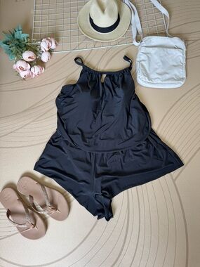 Black Two-Piece Romper Set - Sleeveless Top & High-Waist Shorts